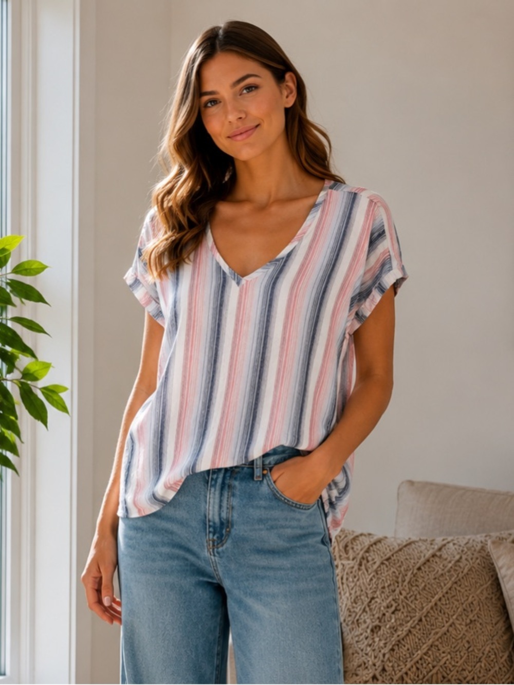 Cloth & Stone Pink Blue White Striped V-neck Short Sleeve Top Linen Blend size S